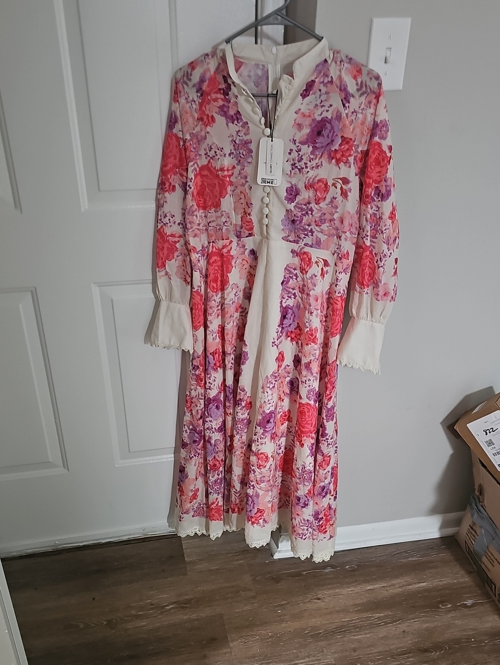 Floral Midi Dress Jacket in Cream with Pink & Purple Blooms